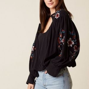 Free People Black Lita Floral Embroidered Balloon Long Sleeve Crop Top Small
